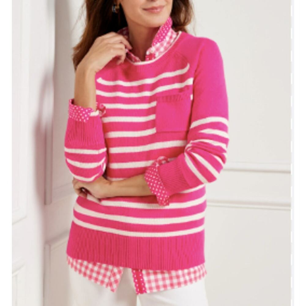 Talbots Petites Patch Pocket Sweater Women Size MP Pink White Stripe NEW